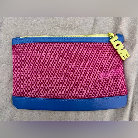 LOVE Makeup Bag Blue with Pink Mesh and Yellow LOVE Zipper Pull NWOT - Picture 3 of 3